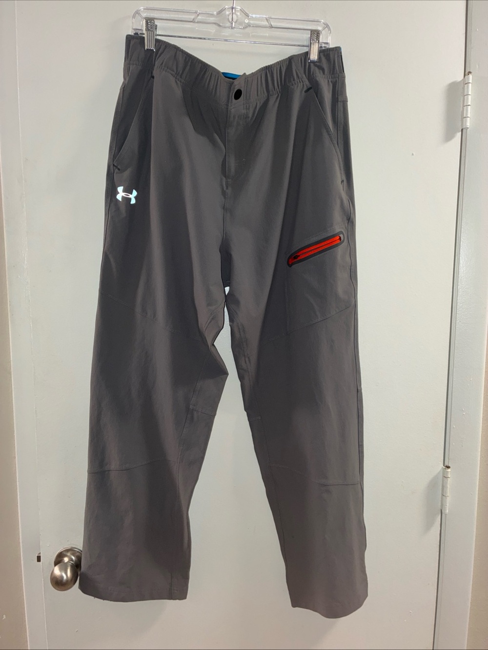 Under Armour Gray Loose Elastic Waist Pants with Black Waistband and Blue Trim